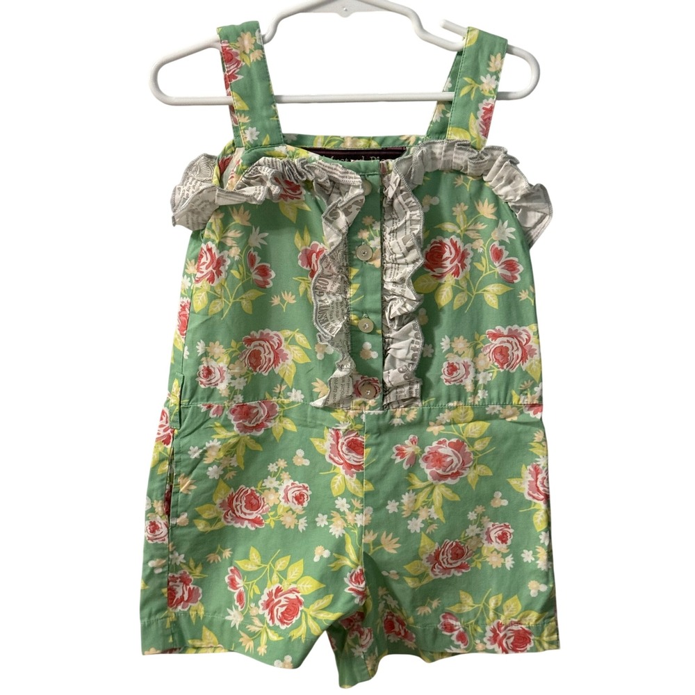 Mustard Pie Toddler Girls Green Overall Romper Pink Flowers No Belt SZ 4T?